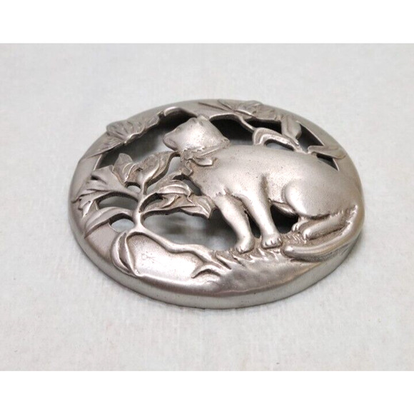 Seagull 1988 Vintage Pewter Cat Floral Scene Circle Lid ONLY 3"D - Picture 2 of 4